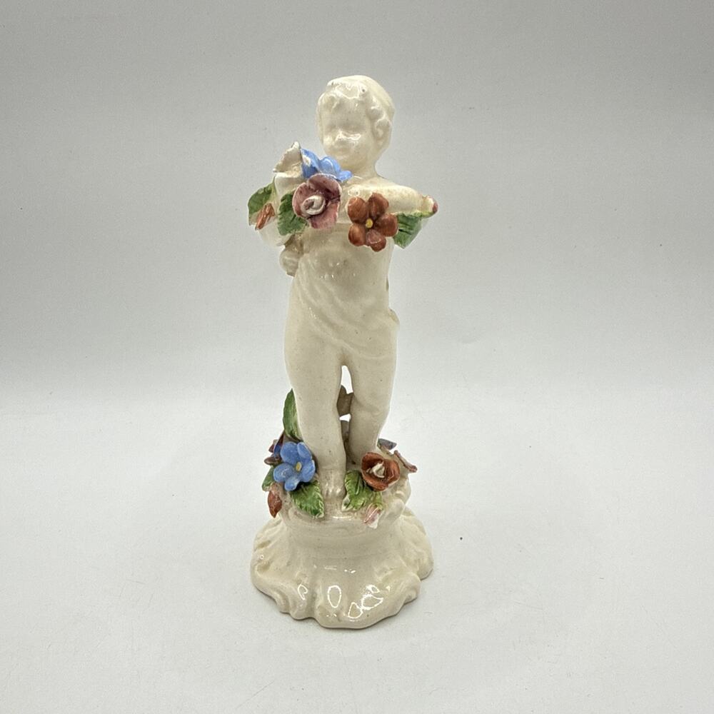 Vintage Porcelain Cherub Putto Figurine Floral Garland Flowers 5.5” *